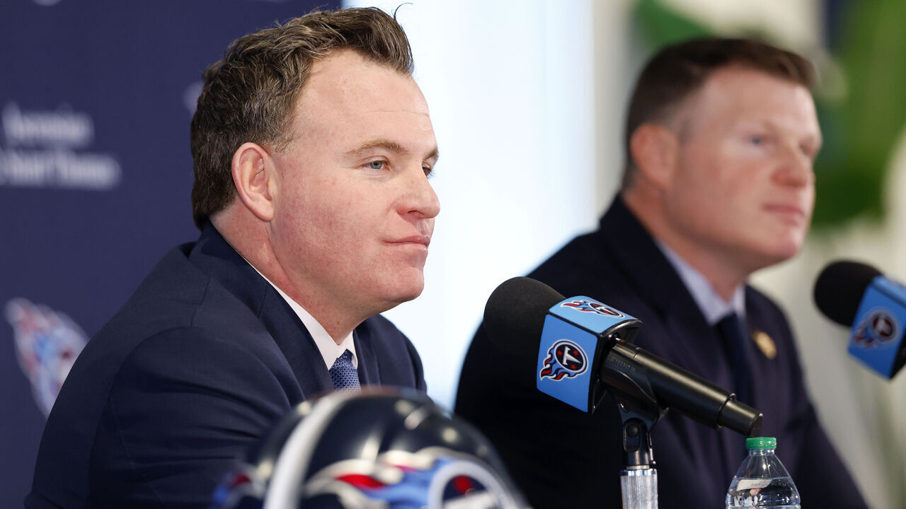 NASHVILLE, TENNESSEE - JANUARY 22: New General Manager Mike Borgonzi (L) and President of Football Operations Chad Brinker of the Tennessee Titans take questions during an introductory press conference at Ascension Saint Thomas Sports Park on January 22, 2025 in Nashville, Tennessee.