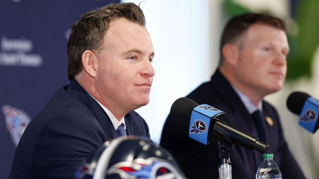 NASHVILLE, TENNESSEE - JANUARY 22: New General Manager Mike Borgonzi (L) and President of Football Operations Chad Brinker of the Tennessee Titans take questions during an introductory press conference at Ascension Saint Thomas Sports Park on January 22, 2025 in Nashville, Tennessee.