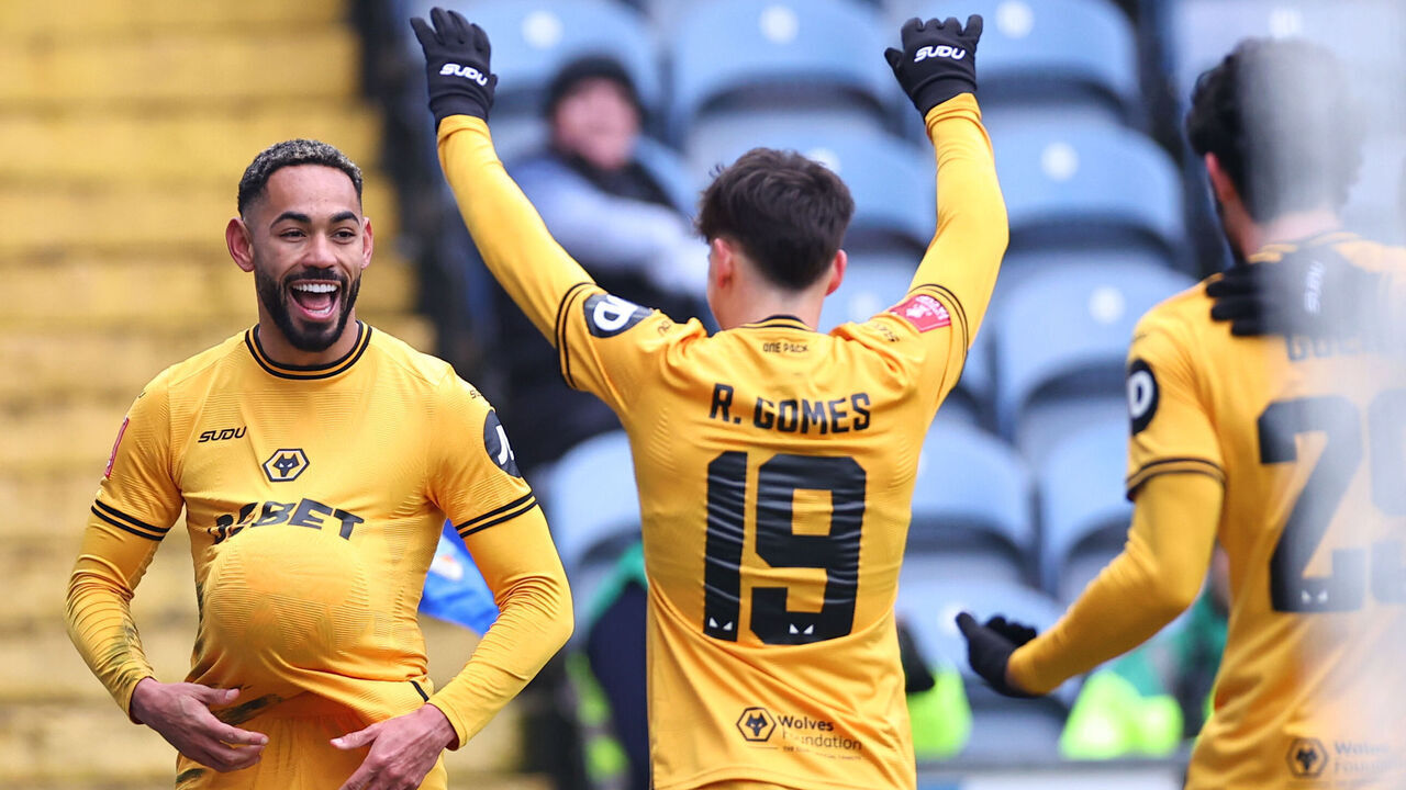 BLACKBURN, ENGLAND - FEBRUARY 9: Matheus Cunha of Wolverhampton Wanderers celebrates after scoring a goal to make it 0-2 during the Emirates FA Cup Fourth Round match between Blackburn Rovers and Wolverhampton Wanderers at Ewood Park on February 9, 2025 in Blackburn, England.