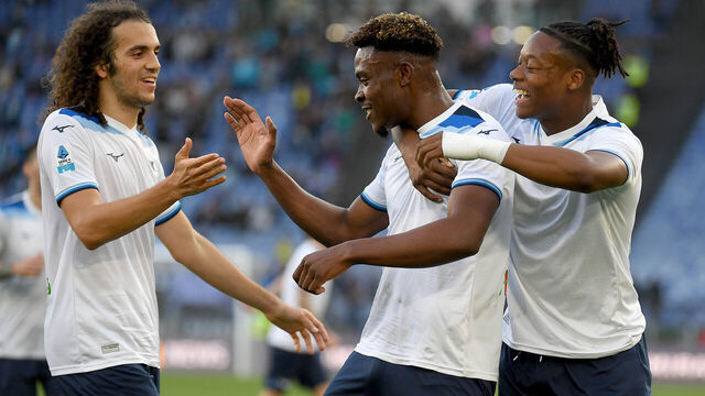 ROME, ITALY - FEBRUARY 09: Fisayo Dele-Bashiru of SS Lazio celebrates a fifth goal during the Serie match between Lazio and Monza at Stadio Olimpico on February 09, 2025 in Rome, Italy.