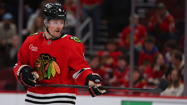 CHICAGO, IL - FEBRUARY 07: Ryan Donato #8 of the Chicago Blackhawks looks on during the third period against the Nashville Predators on February 7, 2025 at the United Center in Chicago, Illinois.