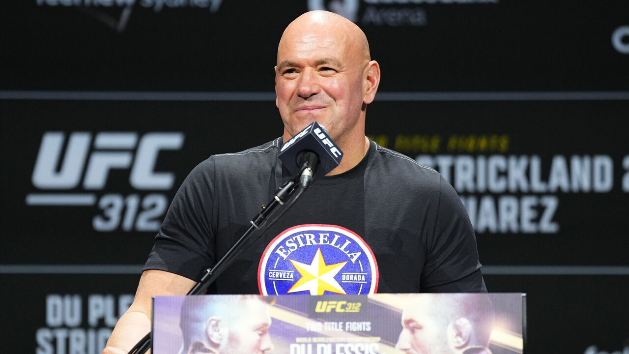 SYDNEY, AUSTRALIA - FEBRUARY 06: UFC CEO Dana White is seen on stage during the UFC 312 press conference at Qudos Bank Arena on February 06, 2025 in Sydney, Australia.