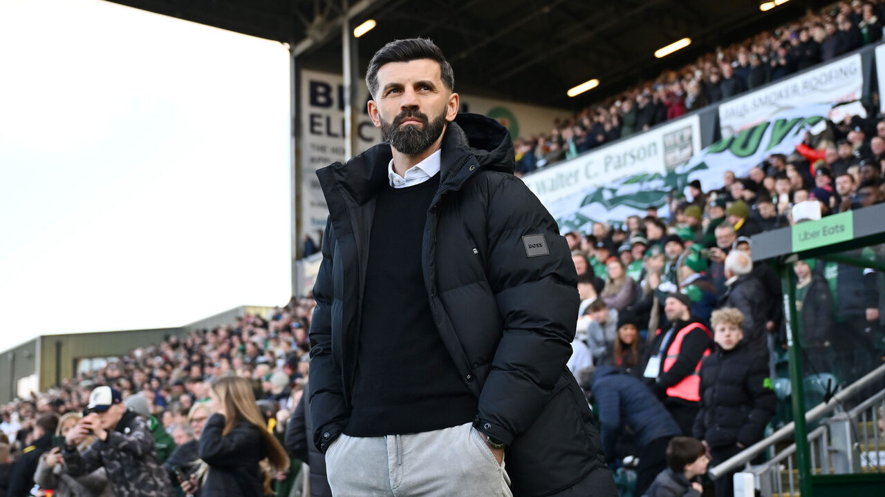 PLYMOUTH, ENGLAND - FEBRUARY 09: Miron Muslic, manager of Plymouth Argyle looks on prior to the Emirates FA Cup Fourth Round match between Plymouth Argyle and Liverpool at Home Park on February 09, 2025 in Plymouth, England.