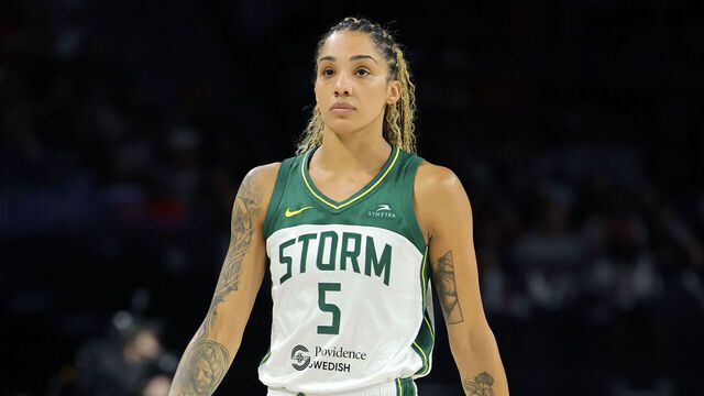 LAS VEGAS, NEVADA - SEPTEMBER 22: Gabby Williams #5 of the Seattle Storm walks on the court during a break in the second quarter of Game One of the 2024 WNBA Playoffs first round against the Las Vegas Aces at Michelob ULTRA Arena on September 22, 2024 in Las Vegas, Nevada. The Aces defeated the Storm 78-67.