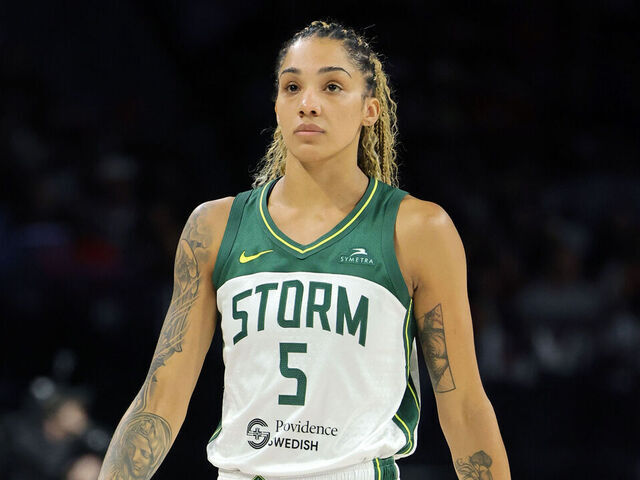 LAS VEGAS, NEVADA - SEPTEMBER 22: Gabby Williams #5 of the Seattle Storm walks on the court during a break in the second quarter of Game One of the 2024 WNBA Playoffs first round against the Las Vegas Aces at Michelob ULTRA Arena on September 22, 2024 in Las Vegas, Nevada. The Aces defeated the Storm 78-67.