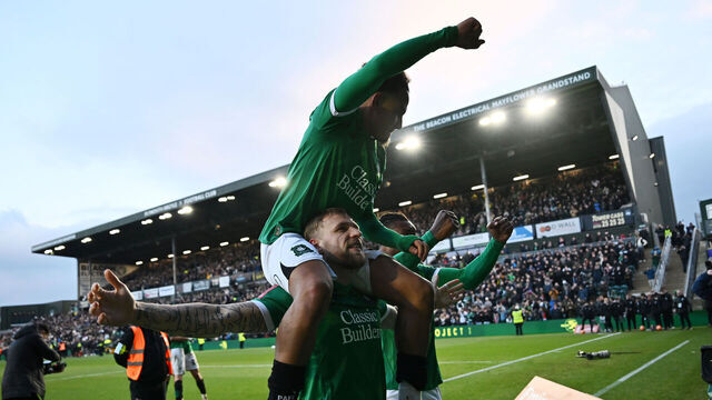 PLYMOUTH, ENGLAND - FEBRUARY 09: Lewis Gibson, Matthew Sorinola and Muhamed Tijani of Plymouth Argyle celebrate victory after the Emirates FA Cup Fourth Round match between Plymouth Argyle and Liverpool at Home Park on February 09, 2025 in Plymouth, England.