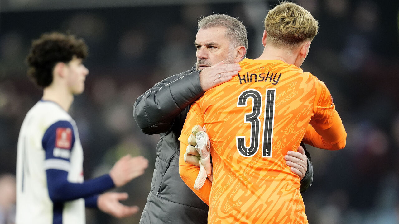 Tottenham Hotspur manager Ange Postecoglou (centre) and goalkeeper Antonin Kinsky after the Emirates FA Cup fourth round match at Villa Park, Birmingham. Picture date: Sunday February 9, 2025.