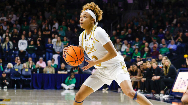 SOUTH BEND, IN - FEBRUARY 6: Hannah Hidalgo #3 of Notre Dame dribbles the ball during a game between Stanford and Notre Dame at The Joyce Center at Purcell Pavilion on February 6, 2025 in South Bend, Indiana.