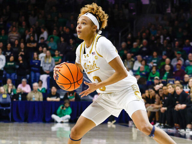 SOUTH BEND, IN - FEBRUARY 6: Hannah Hidalgo #3 of Notre Dame dribbles the ball during a game between Stanford and Notre Dame at The Joyce Center at Purcell Pavilion on February 6, 2025 in South Bend, Indiana.