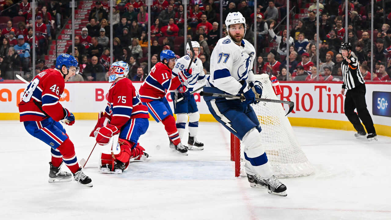 MONTREAL, CANADA - FEBRUARY 09: Victor Hedman #77 of the Tampa Bay Lightning celebrates his goal during the first period against the Montreal Canadiens at the Bell Centre on February 9, 2025 in Montreal, Quebec, Canada.