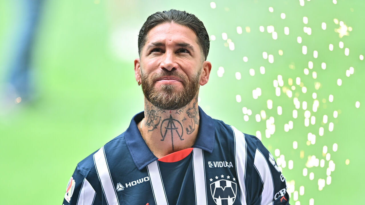 MONTERREY, MEXICO - FEBRUARY 09: Newly signed player of Monterrey Sergio Ramos gestures on the field during his presentation to the fans as the new player of Monterrey at BBVA Stadium on February 09, 2025 in Monterrey, Mexico.