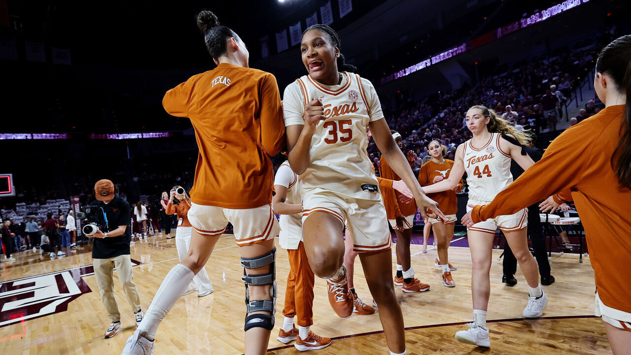 COLLEGE STATION, TEXAS - FEBRUARY 02: Madison Booker #35 of the Texas Longhorns takes the court before a game against the Texas A&M Aggies at Reed Arena on February 02, 2025 in College Station, Texas.