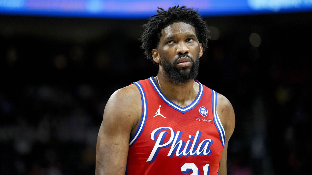 DETROIT, MICHIGAN - FEBRUARY 07: Joel Embiid #21 of the Philadelphia 76ers looks on against the Detroit Pistons at Little Caesars Arena on February 07, 2025 in Detroit, Michigan.