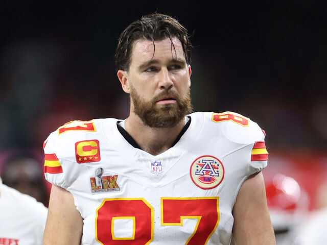 NEW ORLEANS, LOUISIANA - FEBRUARY 09: Travis Kelce #87 of the Kansas City Chiefs walks off the field at half time against the Philadelphia Eagles during Super Bowl LIX at Caesars Superdome on February 09, 2025 in New Orleans, Louisiana.
