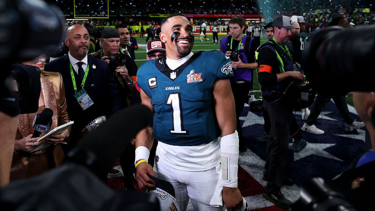 NEW ORLEANS, LOUISIANA - FEBRUARY 09: Jalen Hurts #1 of the Philadelphia Eagles celebrates after Philadelphia beat Kansas City 40-22 to win Super Bowl LIX at Caesars Superdome on February 09, 2025 in New Orleans, Louisiana.