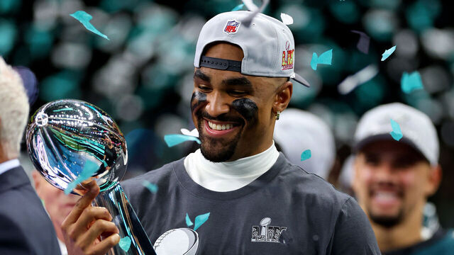 NEW ORLEANS, LOUISIANA - FEBRUARY 09: Jalen Hurts #1 of the Philadelphia Eagles celebrates with the Vince Lombardi Trophy after beating the Kansas City Chiefs 40-22 to win Super Bowl LIX at Caesars Superdome on February 09, 2025 in New Orleans, Louisiana.
