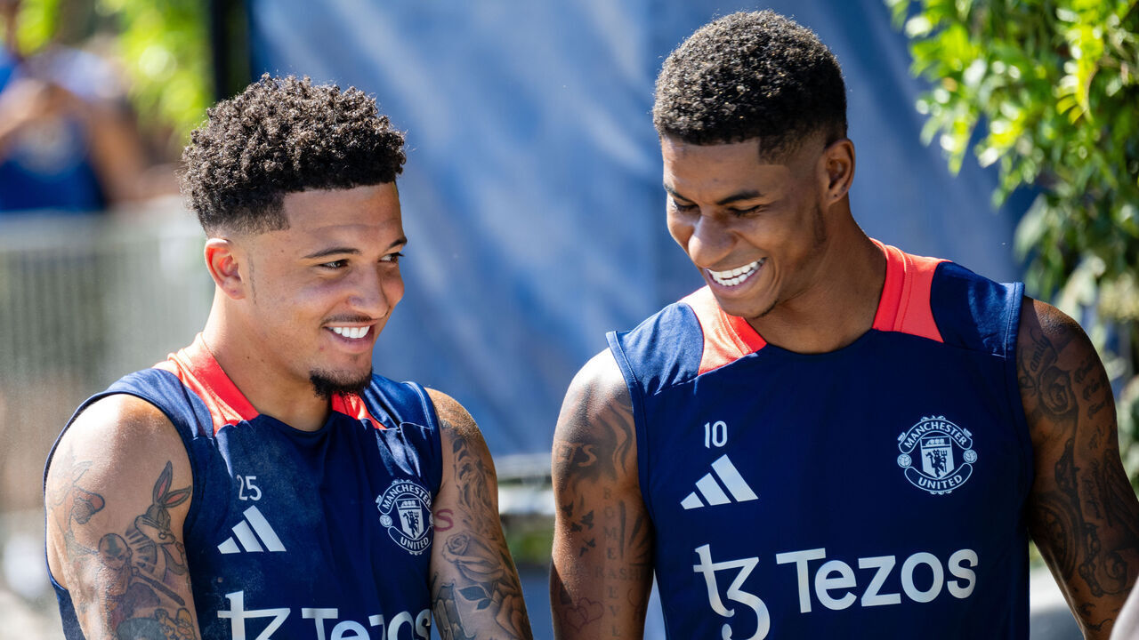 LOS ANGELES, CALIFORNIA - AUGUST 02: Jadon Sancho and Marcus Rashford of Manchester United arrive ahead a first team training session at UCLA Campus on August 02, 2024 in Los Angeles, California.