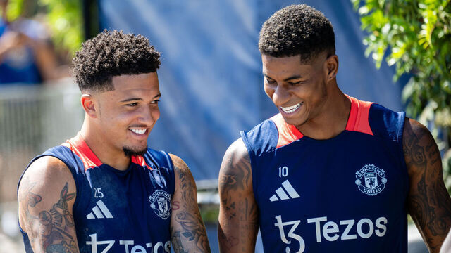 LOS ANGELES, CALIFORNIA - AUGUST 02: Jadon Sancho and Marcus Rashford of Manchester United arrive ahead a first team training session at UCLA Campus on August 02, 2024 in Los Angeles, California.