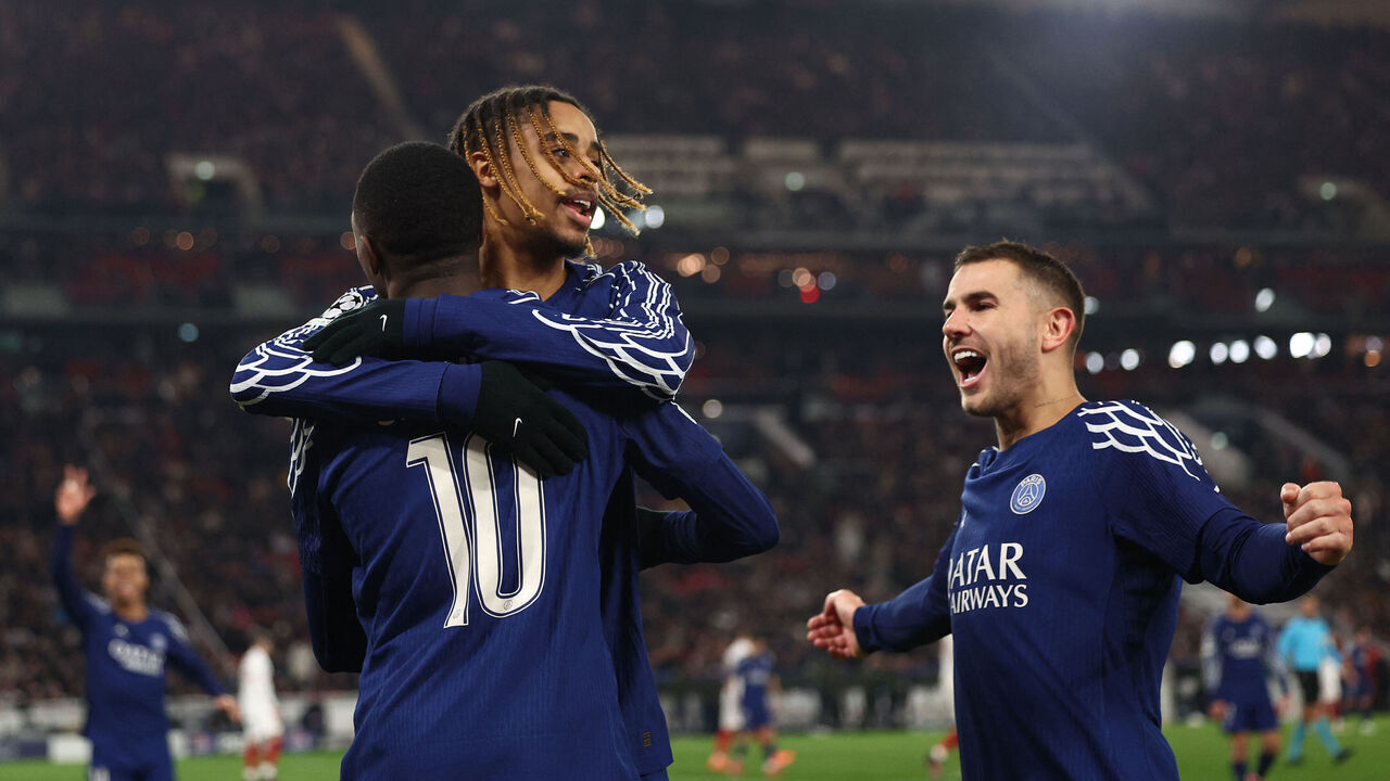 Paris Saint-Germain's French forward #10 Ousmane Dembele (L) celebrates scoring the 0-4 with his teammates during the UEFA Champions League football match VfB Stuttgart vs Paris Saint-Germain in Stuttgart, southwestern Germany, on January 29, 2025.