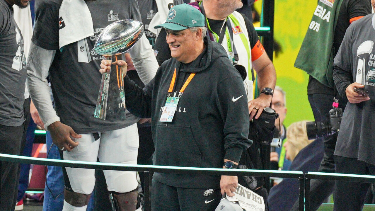 NEW ORLEANS, LA - FEBRUARY 09: Philadelphia Eagles defensive coordinator Vic Fangio holds the Lombardi trophy during Super Bowl LIX between the Philadelphia Eagles and the Kansas City Chiefs on February 9, 2025 at the Superdome in New Orleans, LA.