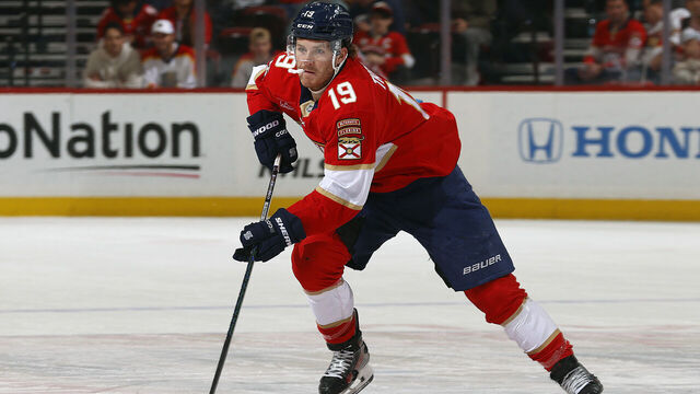 SUNRISE, FLORIDA -JANUARY 29: Matthew Tkachuk #19 of the Florida Panthers skates with the puck against the Los Angeles Kings at the Amerant Bank Arena on January 29, 2025 in Sunrise, Florida.