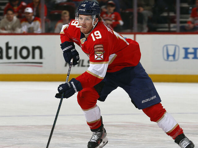 SUNRISE, FLORIDA -JANUARY 29: Matthew Tkachuk #19 of the Florida Panthers skates with the puck against the Los Angeles Kings at the Amerant Bank Arena on January 29, 2025 in Sunrise, Florida.