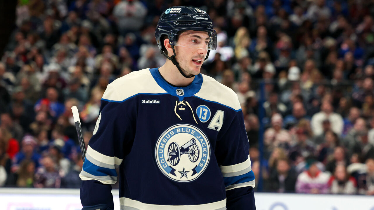 COLUMBUS, OH - FEBRUARY 08: Columbus Blue Jackets defenseman Zach Werenski (8) on the ice during the second period of the National Hockey League game between the New York Rangers and Columbus Blue Jackets on February 8, 2025, at Nationwide Arena in Columbus, OH.