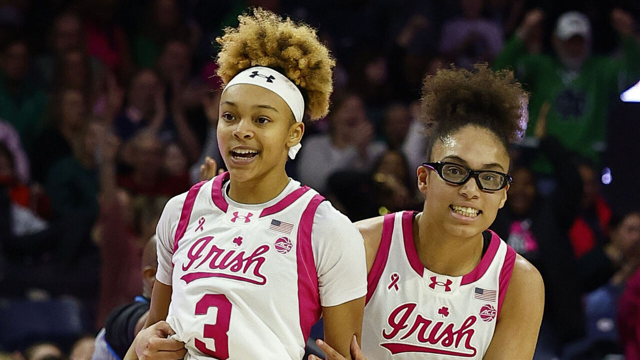 SOUTH BEND, IN - FEBRUARY 09: Notre Dame Fighting Irish guard Olivia Miles (5) celebrates with Notre Dame Fighting Irish guard Hannah Hidalgo (3) during a women's college basketball game between the California Golden Bears and the Notre Dame Fighting Irish on February 09, 2025 at Purcell Pavilion in South Bend, IN.