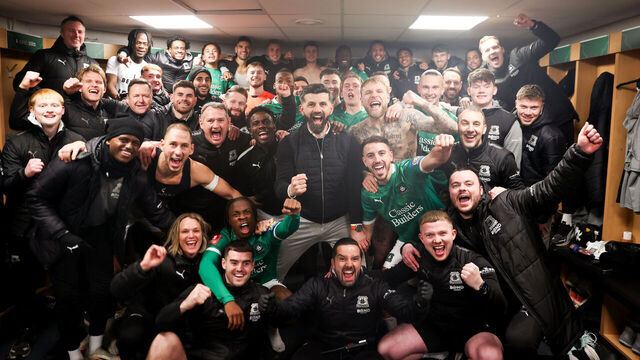 PLYMOUTH, ENGLAND - FEBRUARY 09: Plymouth Argyle players and staff celebrate post patch during the Emirates FA Cup Fourth Round match between Plymouth Argyle and Liverpool at Home Park on February 09, 2025 in Plymouth, England.