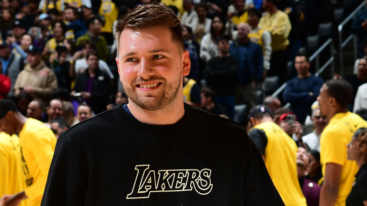 LOS ANGELES, CA - FEBRUARY 6: Luka Doncic #77 of the Los Angeles Lakers smiles before the game against the Golden State Warriors on February 6, 2025 at Crypto.Com Arena in Los Angeles, California. NOTE TO USER: User expressly acknowledges and agrees that, by downloading and/or using this Photograph, user is consenting to the terms and conditions of the Getty Images License Agreement. Mandatory Copyright Notice: Copyright 2025 NBAE