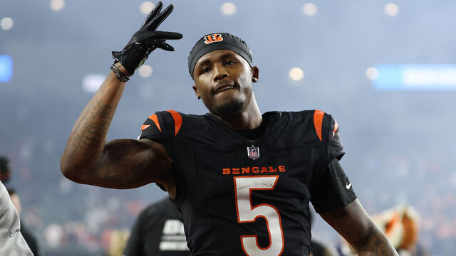 CINCINNATI, OHIO - DECEMBER 28: Tee Higgins #5 of the Cincinnati Bengals reacts after a 30-24 overtime victory against the Denver Broncos at Paycor Stadium on December 28, 2024 in Cincinnati, Ohio.