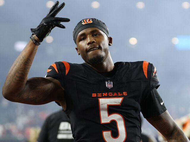 CINCINNATI, OHIO - DECEMBER 28: Tee Higgins #5 of the Cincinnati Bengals reacts after a 30-24 overtime victory against the Denver Broncos at Paycor Stadium on December 28, 2024 in Cincinnati, Ohio.