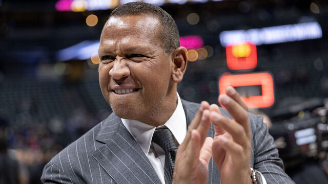 DENVER, CO. - MAY 2024: Minnesota Timberwolves minority owner and former baseball player Alex Rodriguez celebrates at the end of the game of Game 7 of the NBA Western Conference Semi-finals at Ball Arena in Denver, Colo., on Sunday, May 19, 2024. Final score 98-90. Minnesota Timberwolves vs. Denver Nuggets, Game 7 of the NBA Western Conference Semi-finals at Ball Arena in Denver, Colo., Sunday, May 19, 2024.