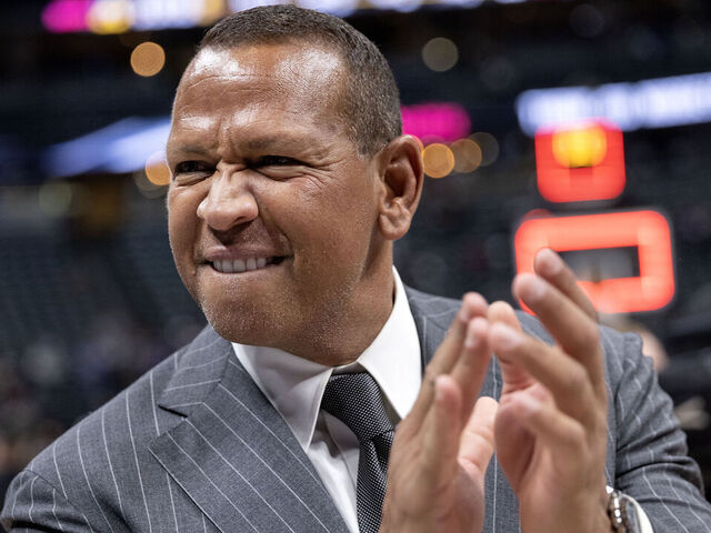 DENVER, CO. - MAY 2024: Minnesota Timberwolves minority owner and former baseball player Alex Rodriguez celebrates at the end of the game of Game 7 of the NBA Western Conference Semi-finals at Ball Arena in Denver, Colo., on Sunday, May 19, 2024. Final score 98-90. Minnesota Timberwolves vs. Denver Nuggets, Game 7 of the NBA Western Conference Semi-finals at Ball Arena in Denver, Colo., Sunday, May 19, 2024.