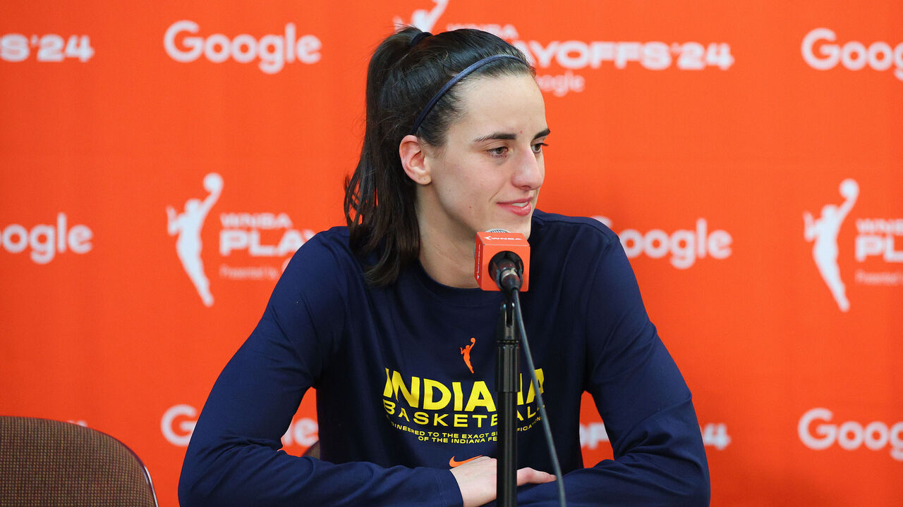 UNCASVILLE, CT - SEPTEMBER 22: Indiana Fever guard Caitlin Clark (22) speaks with the media after the First Round and game 1 of the 2024 WNBA playoffs between Indiana Fever and Connecticut Sun on September 22, 2024, at Mohegan Sun Arena in Uncasville, CT.