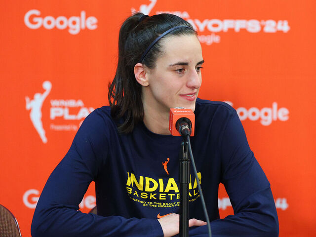 UNCASVILLE, CT - SEPTEMBER 22: Indiana Fever guard Caitlin Clark (22) speaks with the media after the First Round and game 1 of the 2024 WNBA playoffs between Indiana Fever and Connecticut Sun on September 22, 2024, at Mohegan Sun Arena in Uncasville, CT.