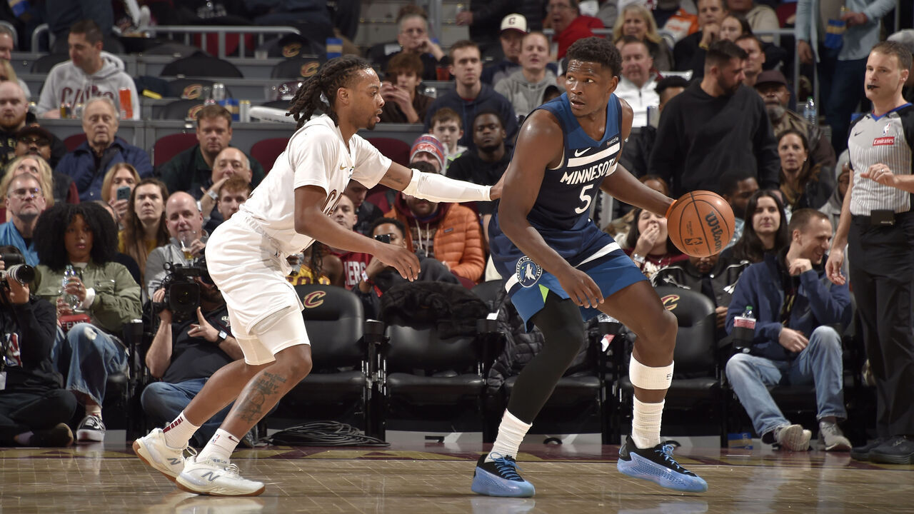 CLEVELAND, OH - FEBRUARY 10: Anthony Edwards #5 of the Minnesota Timberwolves handles the ball during the game against the Cleveland Cavaliers on February 10, 2025 at Rocket Mortgage FieldHouse in Cleveland, Ohio. NOTE TO USER: User expressly acknowledges and agrees that, by downloading and/or using this Photograph, user is consenting to the terms and conditions of the Getty Images License Agreement. Mandatory Copyright Notice: Copyright 2025 NBAE