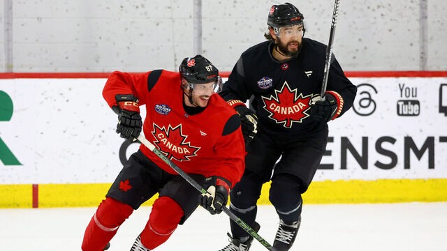 BROSSARD, QUEBEC - FEBRUARY 10: Sidney Crosby #87 of Team Canada skates with teammate Drew Doughty #87 during practice for the NHL 4 Nations Face-Off at CN Sports Complex on February 10, 2025 in Brossard, Quebec.