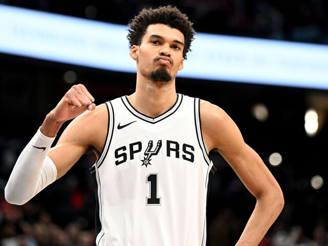 WASHINGTON, DC - FEBRUARY 10: Victor Wembanyama #1 of the San Antonio Spurs celebrates after a 131-121 victory against the Washington Wizards at Capital One Arena on February 10, 2025 in Washington, DC.