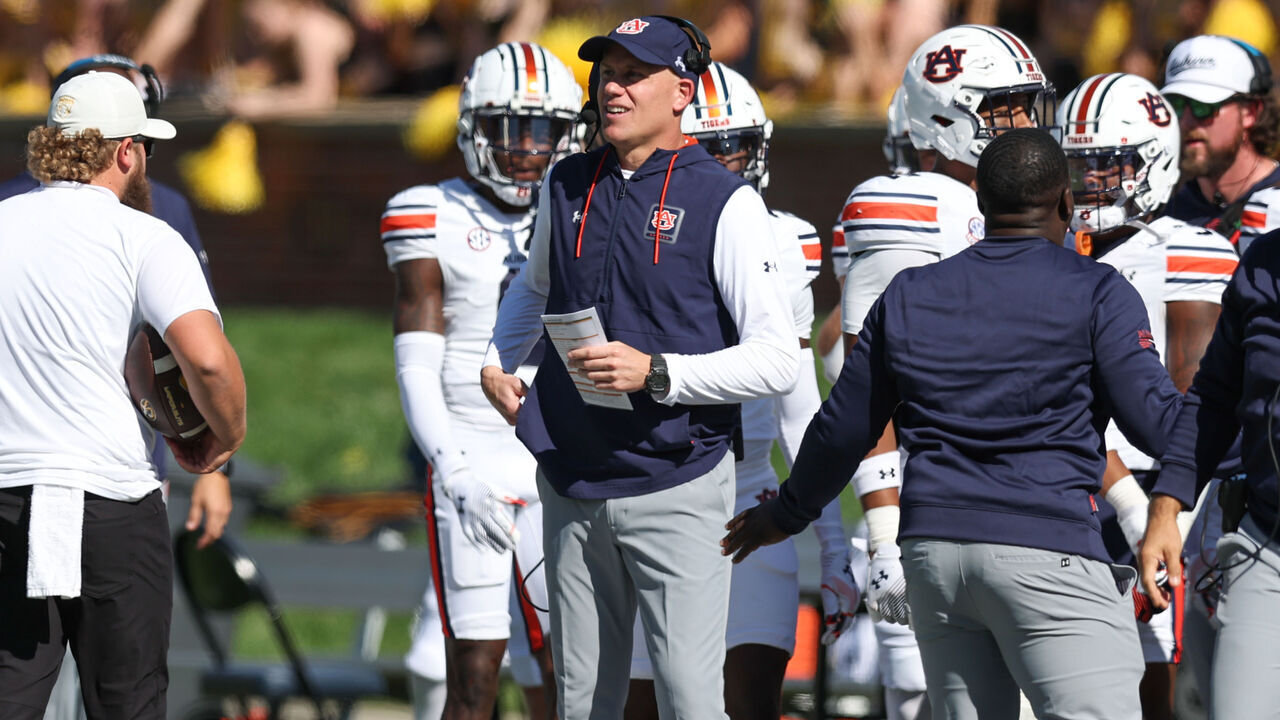 COLUMBIA, MO - OCTOBER 19: Auburn Tigers offensive coordinator DJ Durkin on the sidelines during an SEC game between the Auburn Tigers and Missouri Tigers on October 19, 2024 at Memorial Stadium in Columbia, MO.