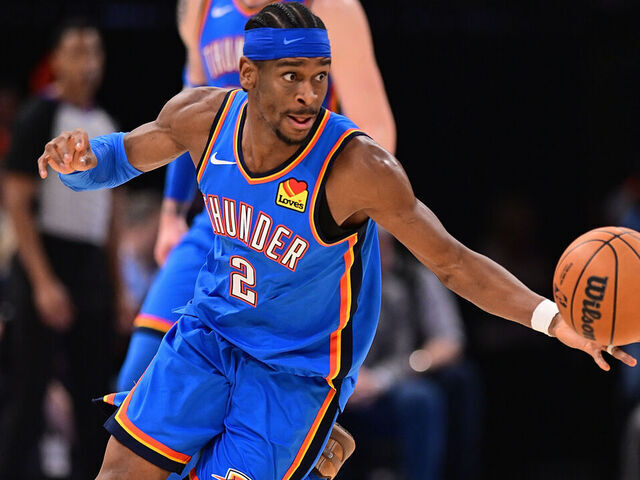 OKLAHOMA CITY, OKLAHOMA - FEBRUARY 10: Shai Gilgeous-Alexander #2 of the Oklahoma City Thunder handles the ball during the second half against the New Orleans Pelicans at Paycom Center on February 10, 2025 in Oklahoma City, Oklahoma.