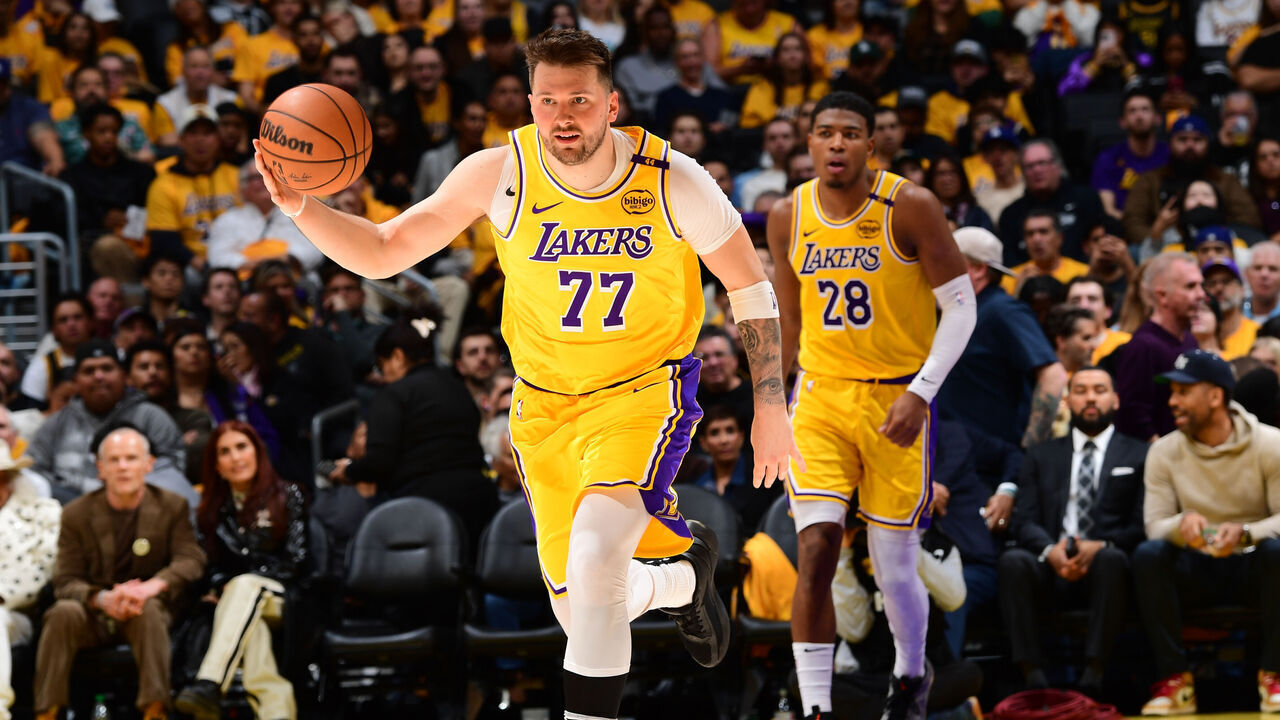 LOS ANGELES, CA - FEBRUARY 10: Luka Doncic #77 of the Los Angeles Lakers handles the ball during the game against the Utah Jazz on February 10, 2025 at Crypto.Com Arena in Los Angeles, California. NOTE TO USER: User expressly acknowledges and agrees that, by downloading and/or using this Photograph, user is consenting to the terms and conditions of the Getty Images License Agreement. Mandatory Copyright Notice: Copyright 2025 NBAE