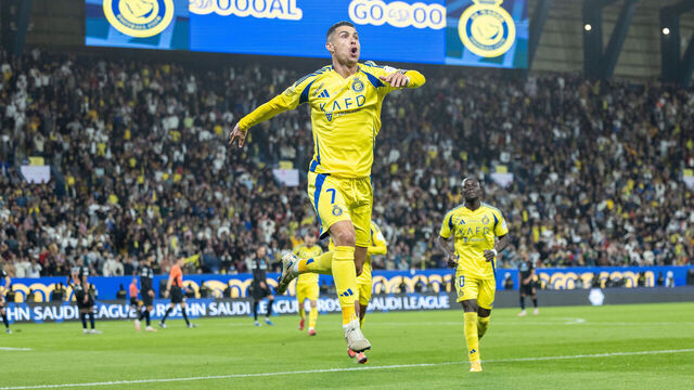 RIYADH, SAUDI ARABIA - FEBRUARY 7: Cristiano Ronaldo of Al-Nassr FC celebrates scoring their third goal during the Saudi Pro League match between Al-Nassr and Al-Fayha at Al Awwal Park on February 7, 2025 in Riyadh, Saudi Arabia.