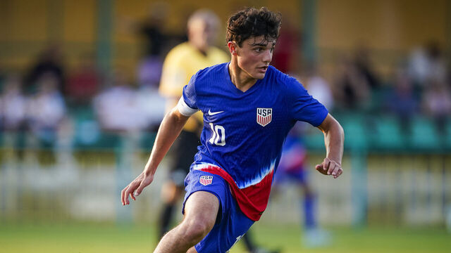 MIKULOV, CZECH REPUBLIC - SEPTEMBER 4: Maximo Carrizo of U18 USA runs with the ball during the U18 Juniors International Friendly match between USA and Germany at Stadium Mikulov on September 4, 2024 in Mikulov, Czech Republic.