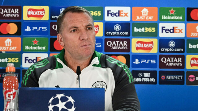 Celtic's Northern Irish head coach Brendan Rodgers reacts as he speaks during a press conference at Celtic park stadium, in Glasgow, in Scotland, on February 11, 2025 on the eve of their UEFA Champions League football match against Bayern Munich.
