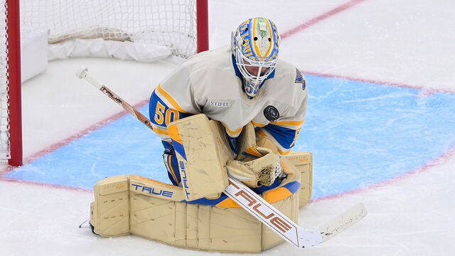 ST. LOUIS, MO - FEBRUARY 8: Jordan Binnington #50 of the St. Louis Blues blocks a shot against the Chicago Blackhawks on February 8, 2025 at the Enterprise Center in St. Louis, Missouri.