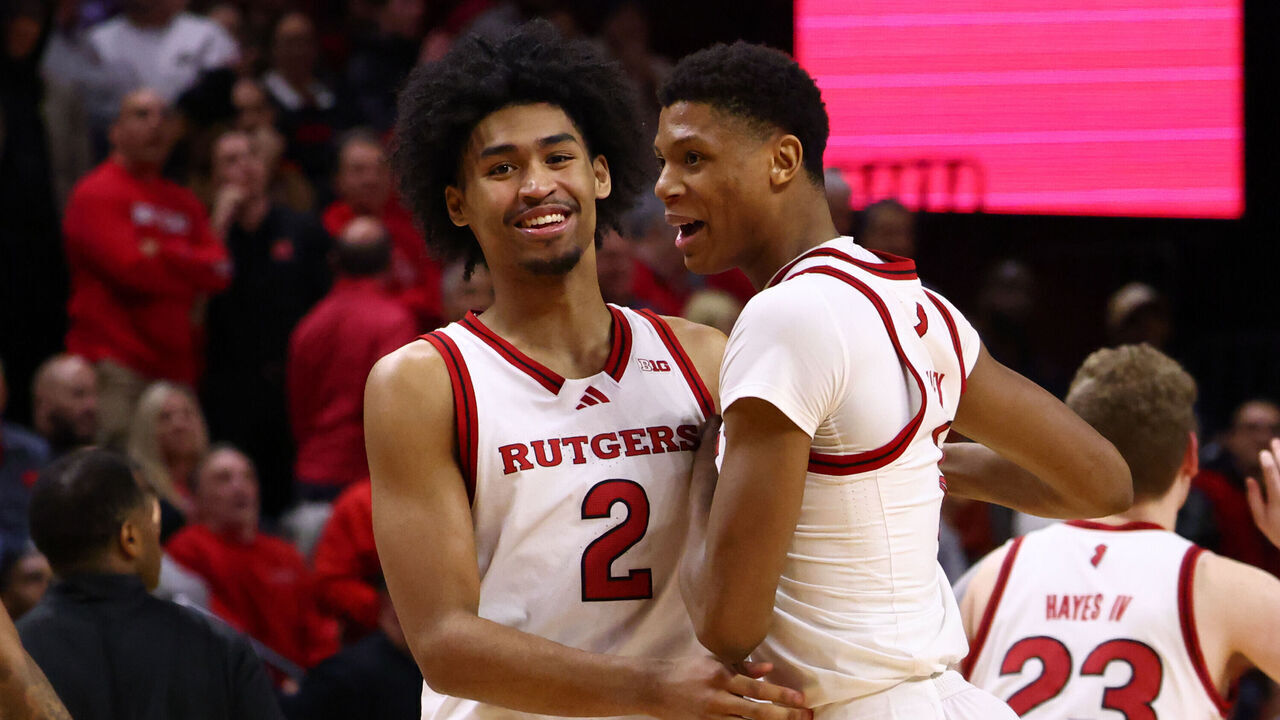 PISCATAWAY, NEW JERSEY - JANUARY 6: Dylan Harper #2 and Ace Bailey #4 of the Rutgers Scarlet Knights during the second half of their game against the Wisconsin Badgers at Jersey Mike's Arena on January 6, 2025 in Piscataway, New Jersey.