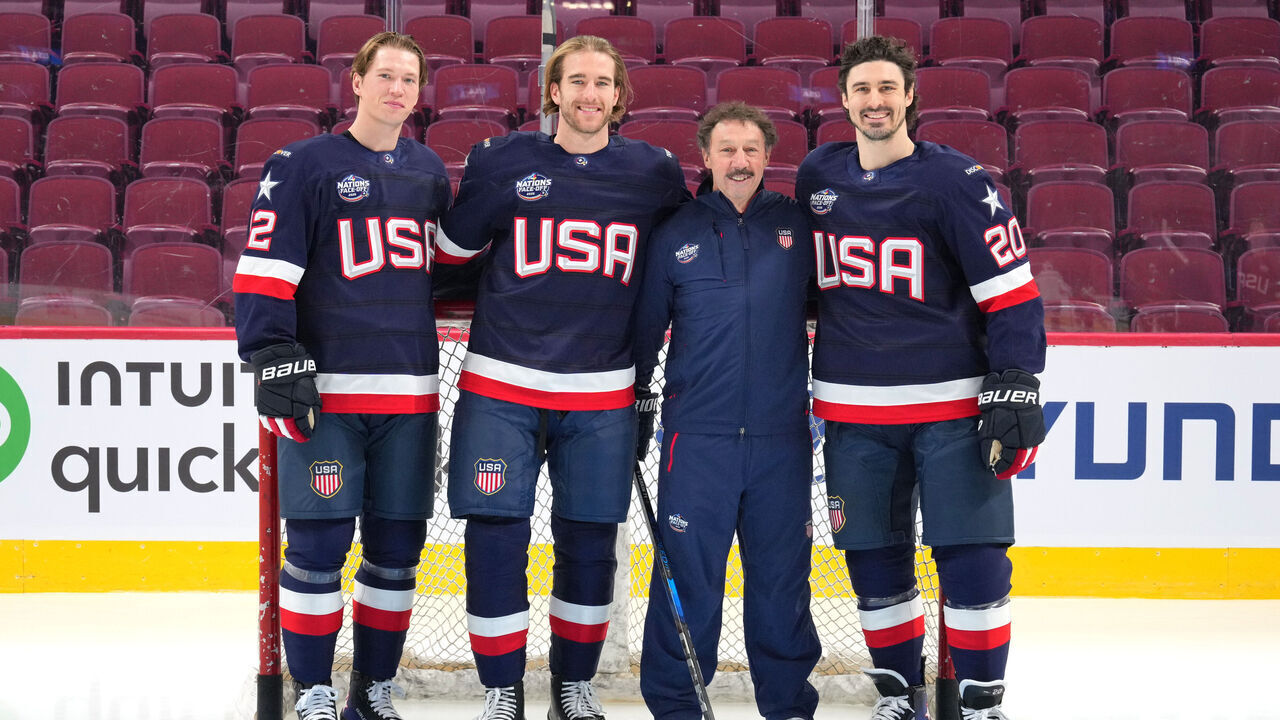 MONTREAL, QUEBEC - FEBRUARY 11: (L-R) Matt Boldy #12, Guy Gaudreau, Noah Hanifin #15 and Chris Kreider #20 of Team United States pose for a photo at the 2025 NHL 4 Nations Face-Off media day at Bell Centre on February 11, 2025 in Montreal, Quebec.