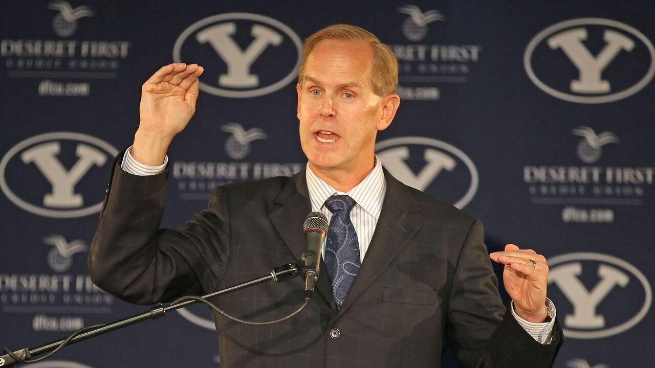 PROVO, UT - SEPTEMBER 1: BYU Athletic Director Tom Holmoe announces that BYU football will become independent in football in 2011 separating from the Mountain West Conference, September 1, 2010 in Provo, Utah. The remaining BYU sports will become affiliated with the West Coast Conference in 2011.