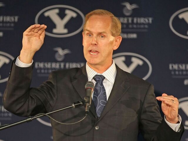 PROVO, UT - SEPTEMBER 1: BYU Athletic Director Tom Holmoe announces that BYU football will become independent in football in 2011 separating from the Mountain West Conference, September 1, 2010 in Provo, Utah. The remaining BYU sports will become affiliated with the West Coast Conference in 2011.